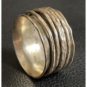 925 Spinner Ring Size 7.75 OR PAZ Israel Hammered Sterling Silver Wide Signed